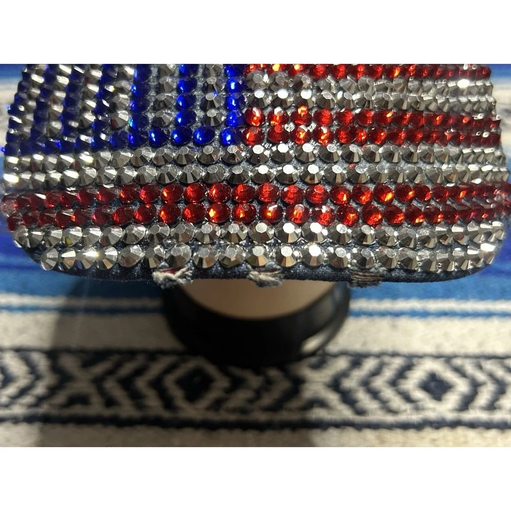 Womens Denim Donald Trump Hat Cap Flag Rhinestones MAGA Distressed Style